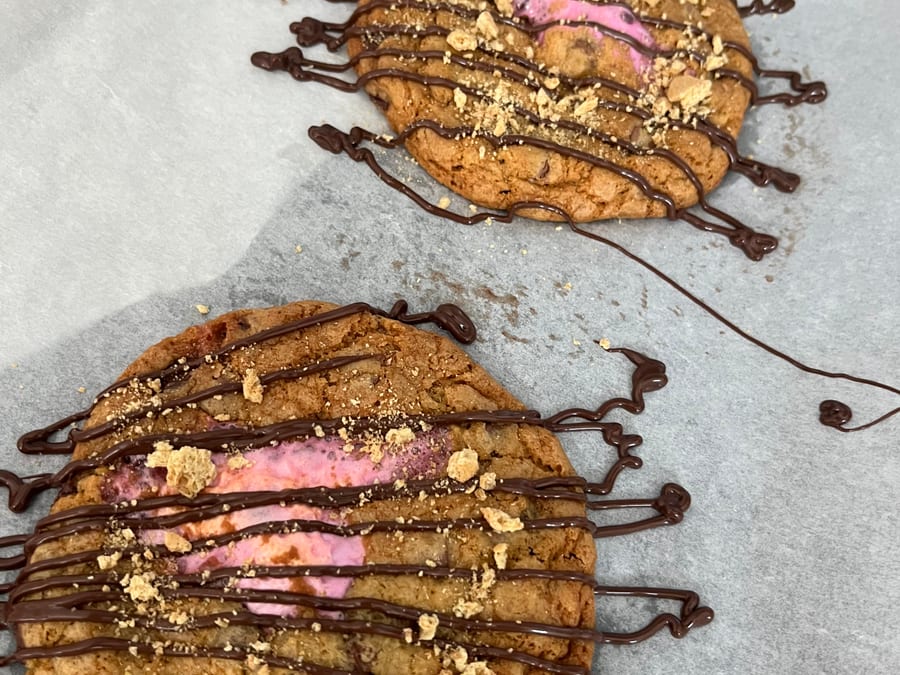 S'mores cookie with chocolate drizzle and marshmallow