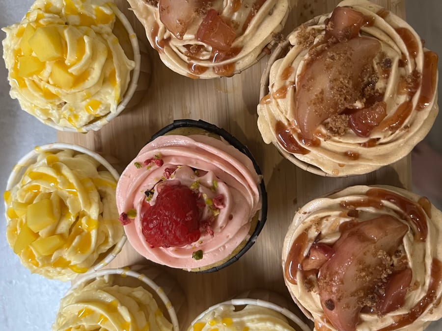 Assorted cupcakes — mango, raspberry pistachio and caramel apple