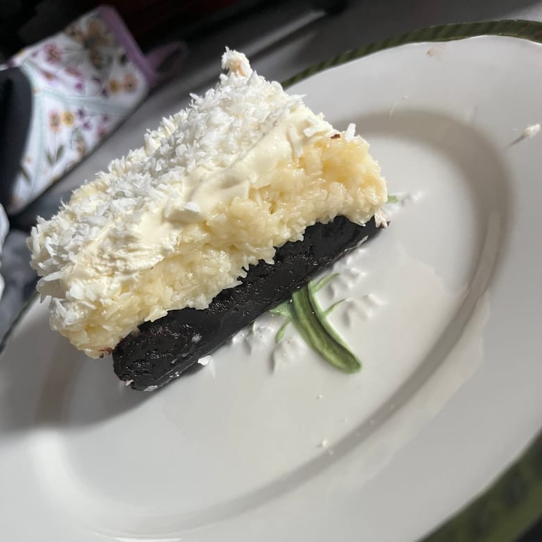 Coconut cream loaded brownie slice